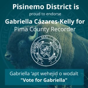 Image: Blue graphic with the image of a buffalo in the background. Text in white reads: Pisinemo District is proud to endorse Gabriella Cázares-Kelly for Pima County Recorder. Gabriella 'apt wehejid o wodalt "Vote for Gabriella!" The District Seal is in the center and reads "Official Seal of The Pisinemo District" a drawing of a buffalo head is at the center with 4 feathers surrounding it.