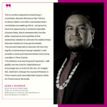 Graphic with text and photo of Juan Buendia, wearing a tie and seashells. Hot pink accents frame the image. The text reads: This is my first experience endorsing a candidate, elected officials on the Tohono O’odham Nation are often overlooked when candidates are seeking office. I am proud to have this opportunity to endorse Gabriella Cázares-Kelly, she is someone who has shared the same lived experiences as rural and tribal communities. Gabriella has the skills, experience and qualities of the leadership needed to cultivate the relationships between small and local governments. The moment Gabriella is elected will not only signify a tremendous change needed, it will provide a voice and representation that is long overdue in Pima County. This election is so exciting and important, I will gladly cast my vote for Gabriella and I encourage you to vote for her too. On August 4th, 2020 let’s change the course of history in Pima County and vote Gabriella Cázares-Kelly for Pima County Recorder - Juan C. Buendia, Sells District Chairman, Tohono O’odham Nation, Baboquivari Unified School District School Board President