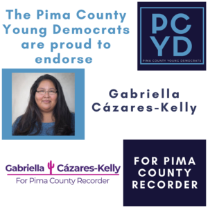 Graphic with photo of Gabriella and ombre orange background. Arizona Delegation Bernie supports Gabriella Cázares-Kelly for Pima County Recorder. "The Arizona Bernie Delegation supports progressive candidate, Gabriella Cázares-Kelly, for Pima County Recorder." To learn more visit GabriellaForRecorder.org